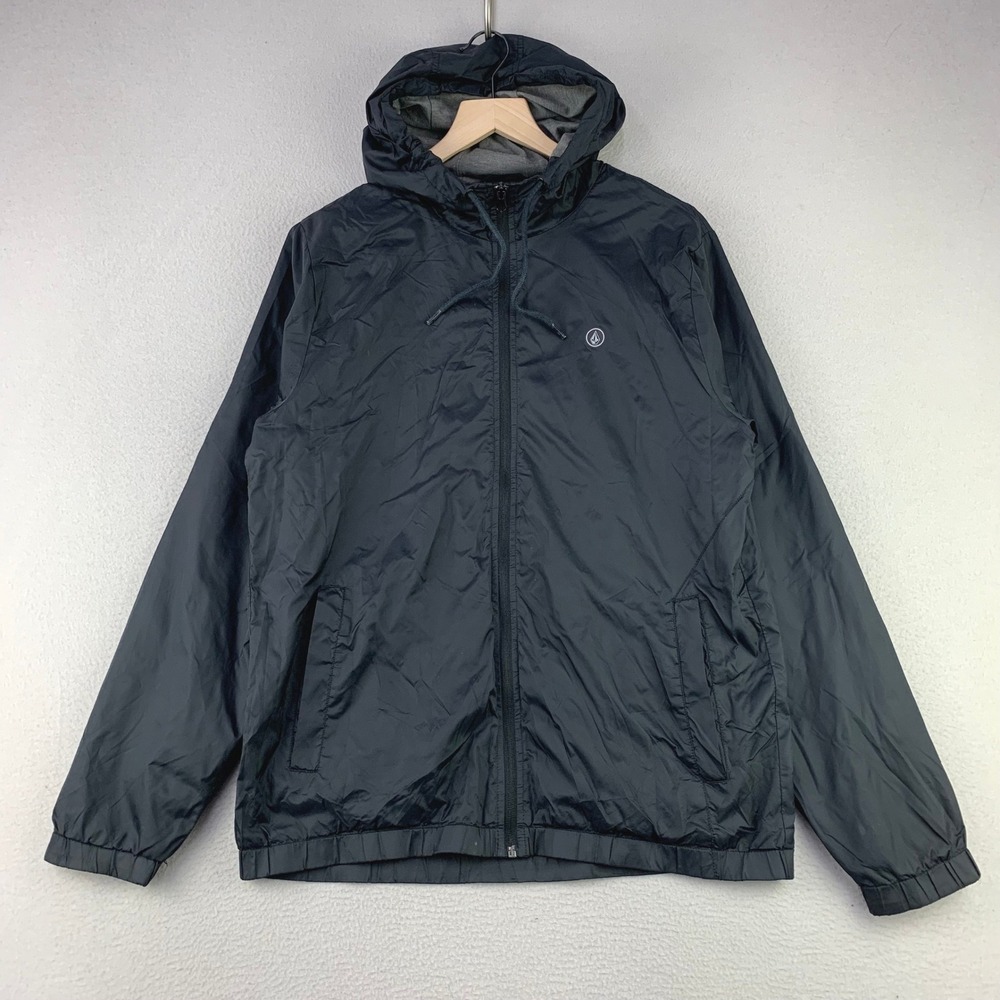Volcom Ermont Windbreaker Jacket Men‎ M Black Skate Hooded Lightweight Nylon Y2K